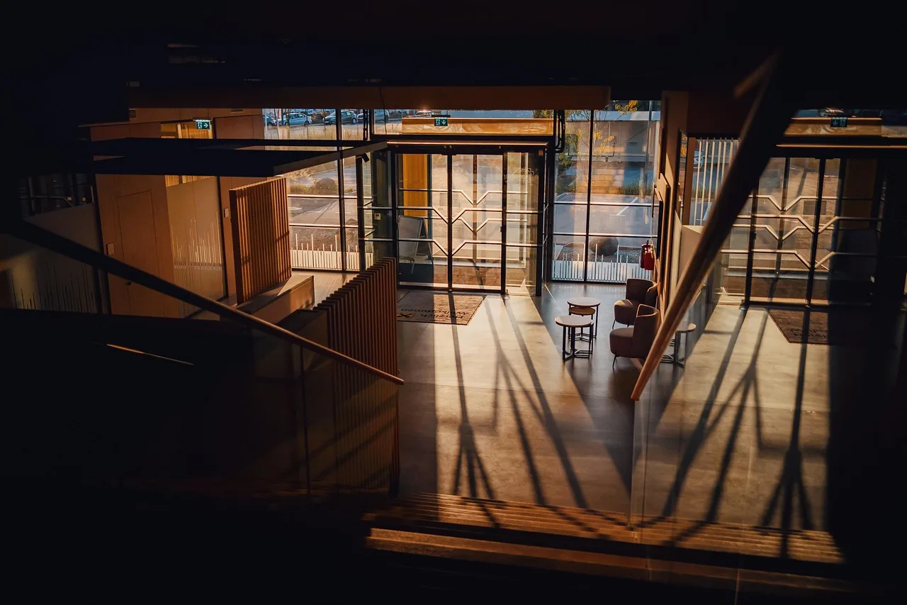 building, door, architecture, entrance, glass, indoors, office, sliding doors, sunlight, tables, work, office, office, office, office, office, work